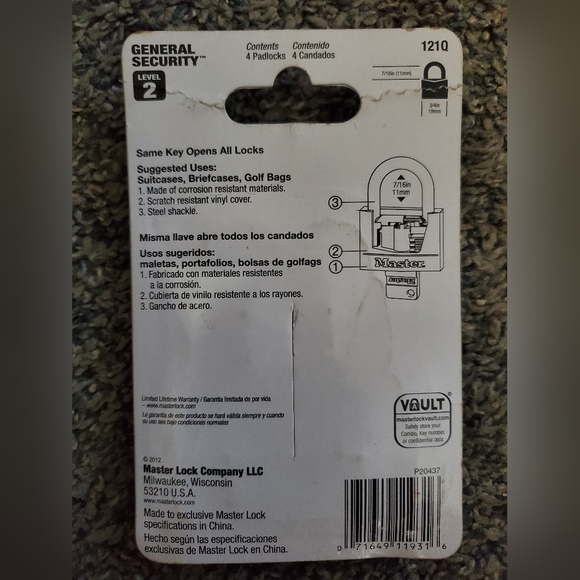 Master Lock Model# 121Q - 4 Pack 3/4" Solid Aluminum Padlock - Picture 2 of 2